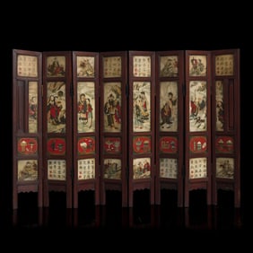 A Chinese Polychromed Marble Inset Wood Eight-Fold Table Screen, Qing Dynasty, 19th Century 清