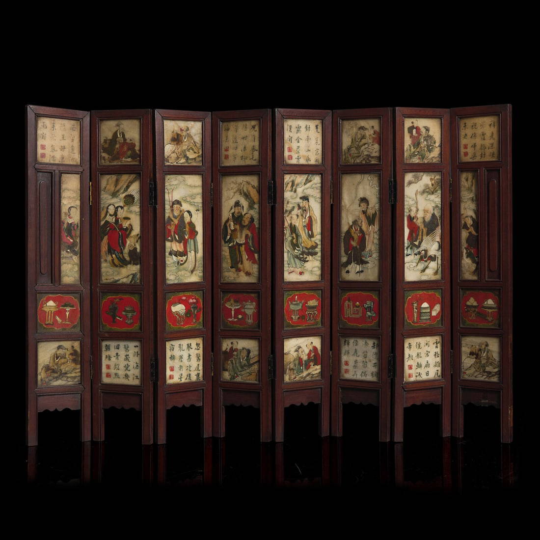 A Chinese Polychromed Marble Inset Wood Eight-Fold Table Screen, Qing Dynasty, 19th Century 清