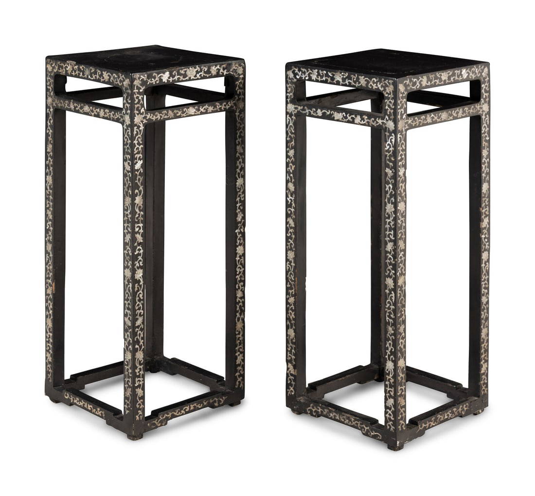 A Pair of Chinese Black Lacquered Mother-of-Pearl Inlaid Square Stands, Xiangji, 19th Century
