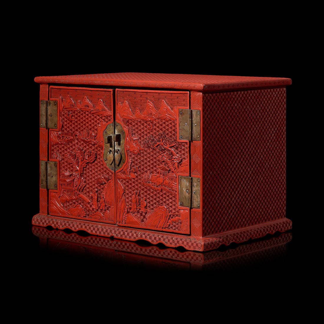 A Chinese Carved Cinnabar Lacquer Two-Door Small Cabinet, Late 19th/20th Century 清末