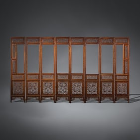 A Large Chinese Carved Hardwood, Possibly Longyan Mu, and Glass Eight-Panel Screen 或為