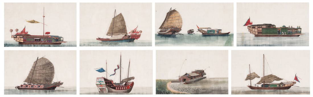 A Set of Eight Chinese Export Pith Paintings, Late Qing Dynasty 清晚期 通