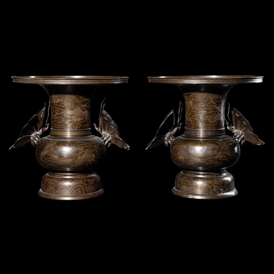 A Pair of Japanese Inlaid Bronze 'Butterfly' Vases, Late Edo/Early Meiji Period