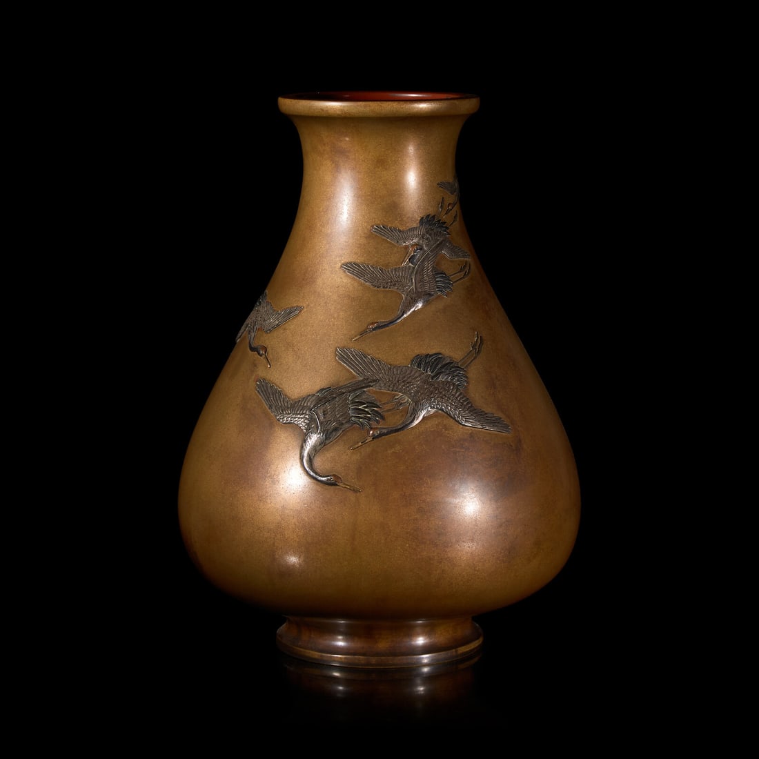 A Japanese Mixed Metal \"Cranes\" Vase, Signed