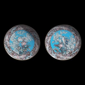 A Pair of Very Large Japanese Cloisonne "Hawks and Sparrows" Chargers, Meiji Period