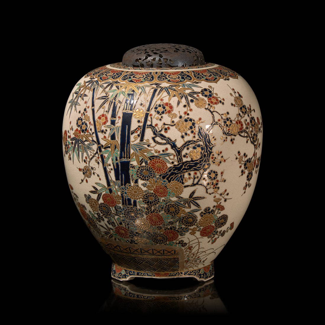 A Japanese Gosu Blue-Decorated Satsuma Jar, Kyokusan, and Associated Silver Cover, Meiji Period
