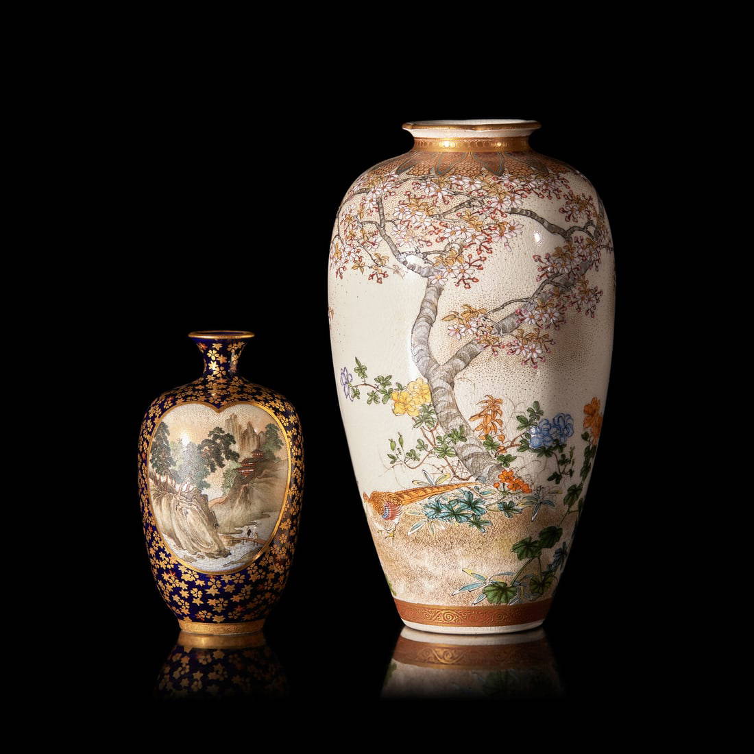 Two Japanese Enameled Satsuma-Type Cabinet Vases, Kinkozan Workshop, Meiji to Taisho period