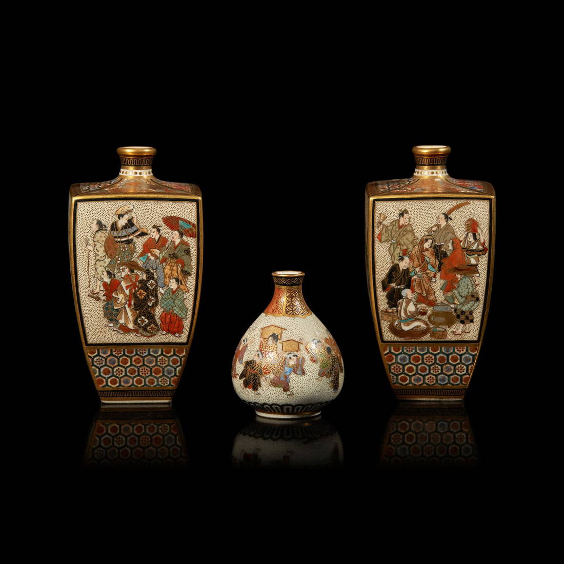 A Pair of Small Japanese Satsuma-Type Cabinet Vases, Shizan, and a Miniature Vase, Houn; Meiji