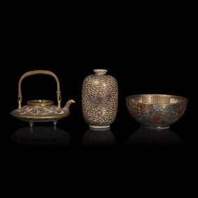A Satsuma-Type Small Saki Pot, Kinkozan Workshop, a Bowl, Shizan, and a Vase, Signed, Meiji Period