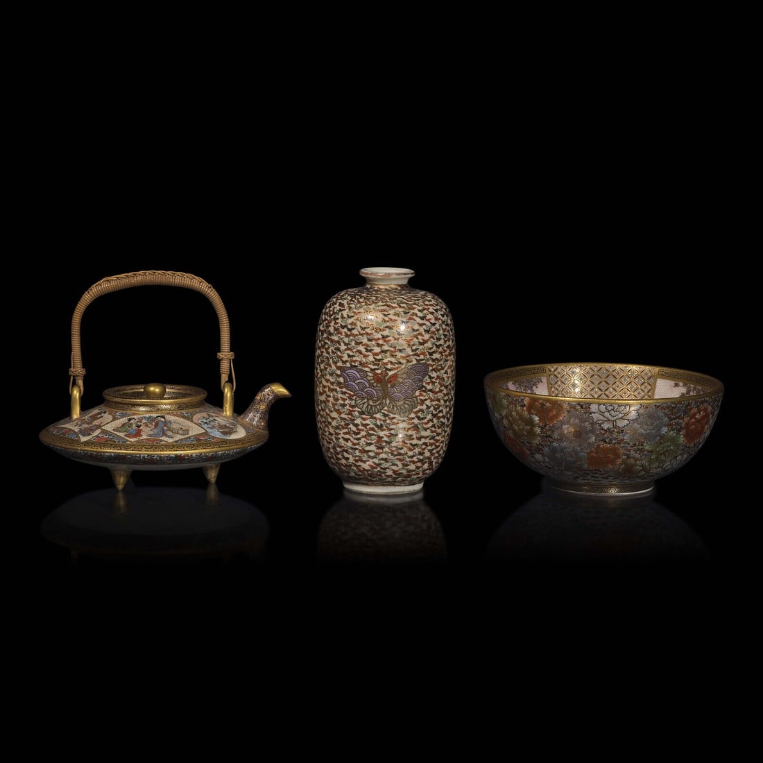 A Satsuma-Type Small Saki Pot, Kinkozan Workshop, a Bowl, Shizan, and a Vase, Signed, Meiji Period