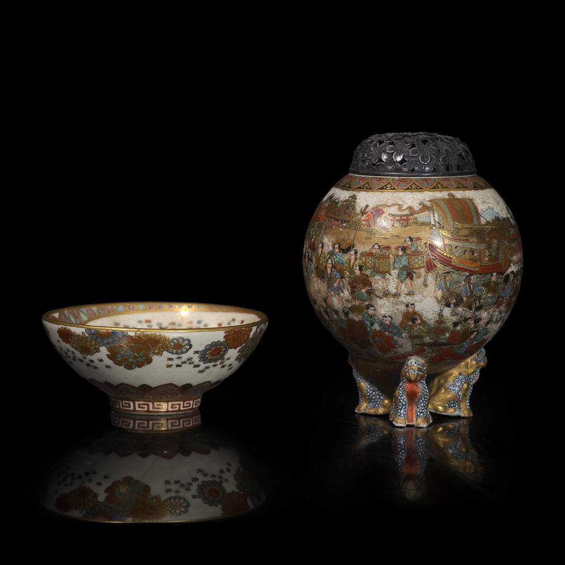 A Small Satuma-Type Koro with Silver Cover and a small Miniature Bowl, Meiji Period