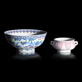 A Japanese Underglaze Red-Decorated Censer, Miura Chikusen, and a Wucai Bowl, Kachutei Dohachi