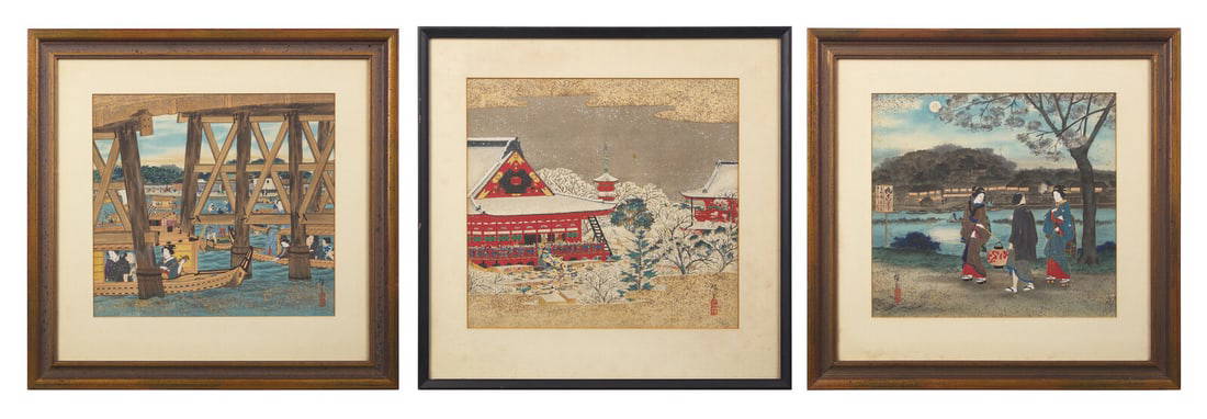 Utagawa Hiroshige III (Japanese, 1842-1894), Three Painted Album Leaves