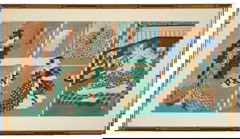 Kunisada (Toyokuni III, Japanese 1786-1864) Two Framed Kabuki Triptychs