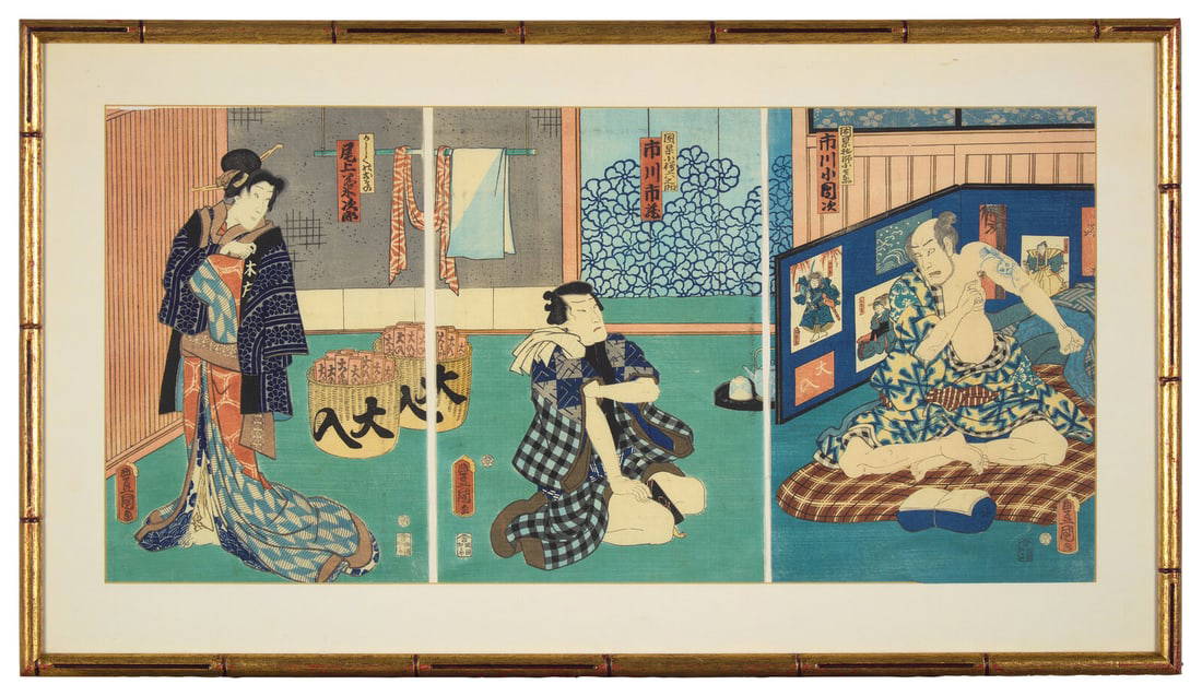 Kunisada (Toyokuni III, Japanese 1786-1864) Two Framed Kabuki Triptychs