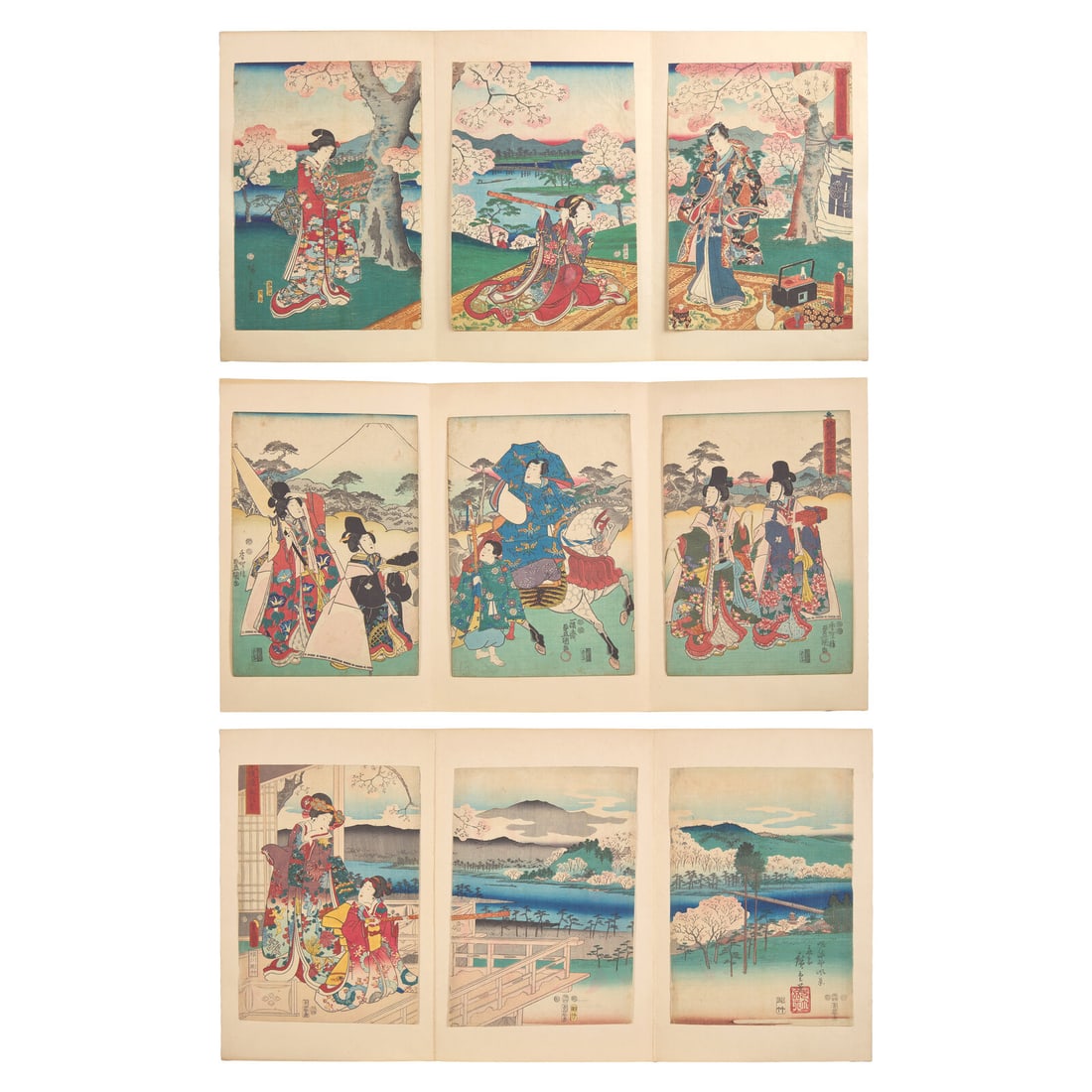 Three Japanese Woodblock Triptychs, including Hiroshige, Hiroshige II and Kunisada: Three Japanese Woodblock Triptychs, including Hiroshige, Hiroshige II and Kunisada Comprising: -Utagawa Kunisada and Utagawa Hiroshige, The Picture Contest; View of Sagano, from the series Fashionable