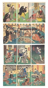 Kunisada (Toyokuni III, Japanese 1786-1864) Four Unframed Woodblock Triptychs