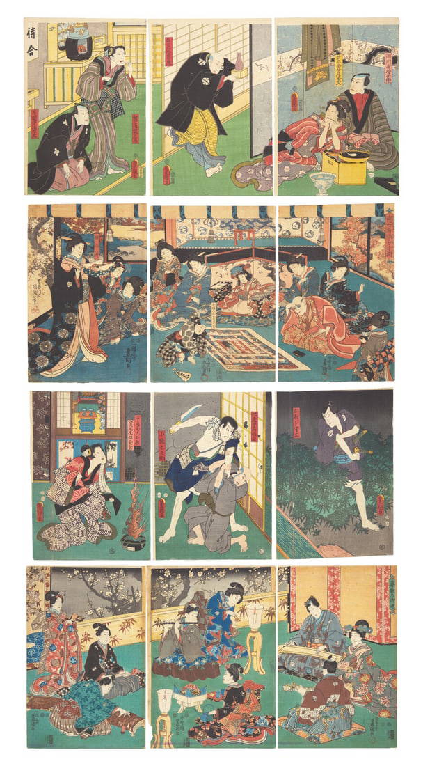 Kunisada (Toyokuni III, Japanese 1786-1864) Four Unframed Woodblock Triptychs