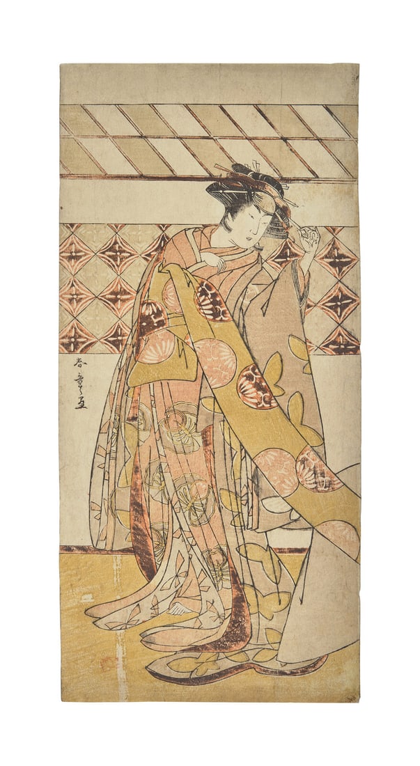 Six 18th and early 19th Century Japanese Woodblock Prints Depicting Actors: Six 18th and early 19th Century Japanese Woodblock Prints Depicting Actors Including: -Ippitsusai Buncho (b.1725), Actor with Hands Raised Over His Head, ink inscribed upper right; Sheet: 12 1/2 x 5 3