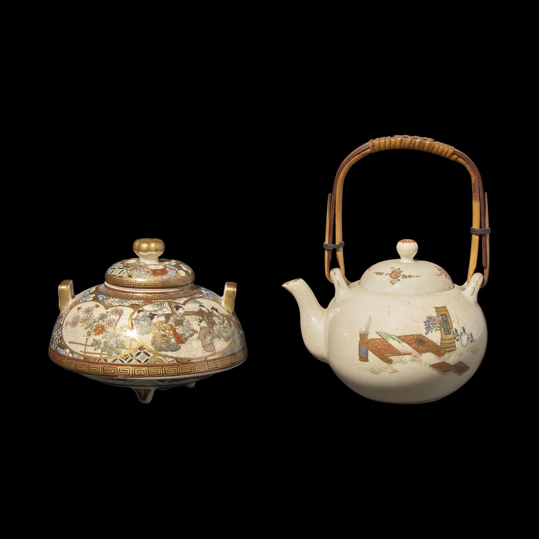 A Japanese Satsuma Type Enameled Pottery Miniature Kettle and a Koro, Meiji Period