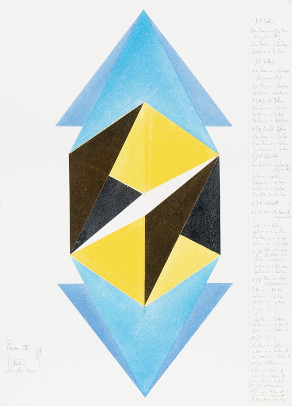 Jorinde Voigt (German, b. 1977) Poem X, 2020: Jorinde Voigt (German, b. 1977) Poem X, 2020 gold leaf, aluminum leaf, pastel and graphite on paper initialed, dated and titled (lower left); inscribed with poem (right edge) 14 1/4 x 10 1/4 inches.