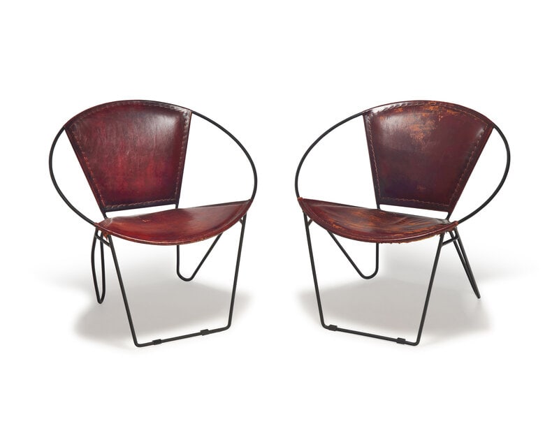 John Cicchelli 20th Century Pair of Hoop Chairs for Riley Wolff c. 1950 : John Cicchelli 20th Century Pair of Hoop Chairs for Riley Wolff c. 1950 painted iron, leather 30 w x 30 h x 27 1/4 d inches. This lot is located in Philadelphia. Size 3