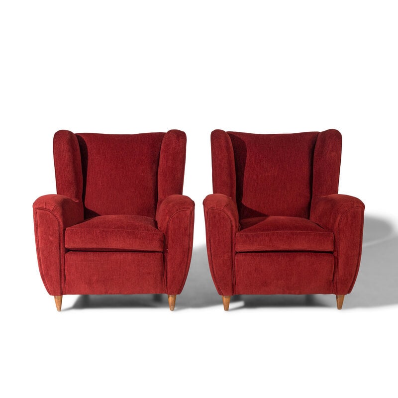 Italian c. 1950 Pair of Wingback Chairs : Italian c. 1950 Pair of Wingback Chairs upholstery, wood 37 h x 35 w x 33 d inches. Property of a California Collector This lot is located in Chicago. Size 37 h x 3