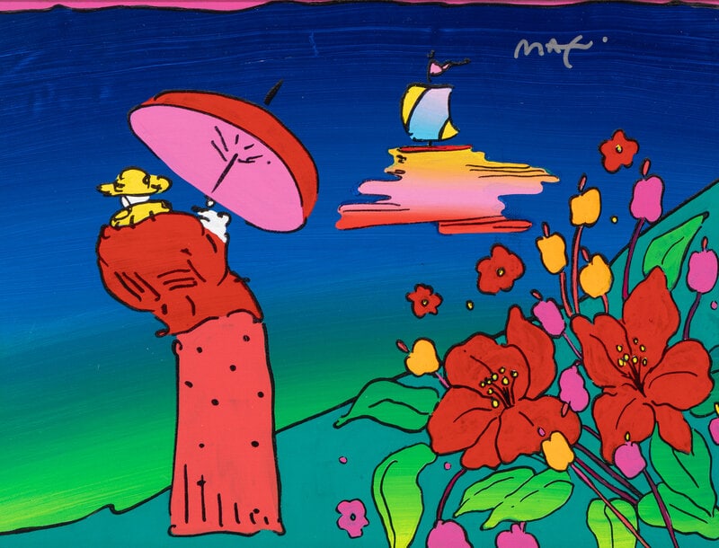 Peter Max (American, b. 1937) Sage with Umbrella (Earth Summit), 1992: Peter Max (American, b. 1937) Sage with Umbrella (Earth Summit), 1992 acrylic silkscreen on canvas signed Max (upper right); signed and dated (verso) 12 x 16 inches. This lot