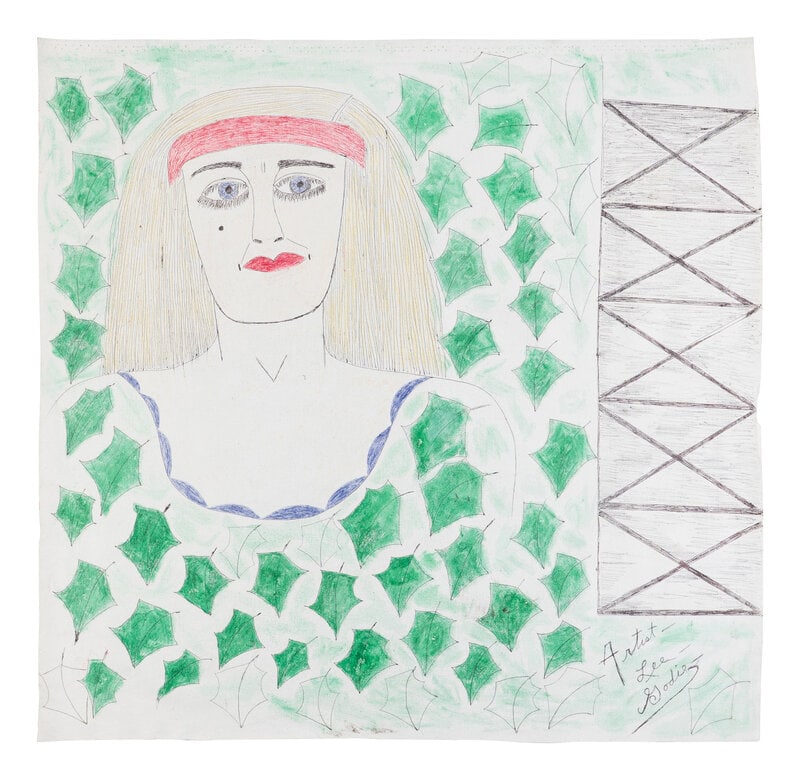 Lee Godie (American, 1908-1994) Little Girl in a Forest and When Eyes in Center of Head, Eyes Follow: Lee Godie (American, 1908-1994) Little Girl in a Forest and When Eyes in Center of Head, Eyes Follow You, c. 1990 (double-sided work) graphite, watercolor, ink, crayon on unstretched canvas signed L