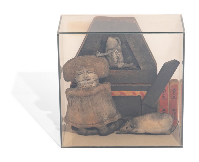 Maggie McCurdy (American, 20th Century) Marthie at the Crossroads, 1972: Maggie McCurdy (American, 20th Century) Marthie at the Crossroads, 1972 cloth, wood, and plexiglass signed Maggie McCurdy, titled and dated (verso) 9 x 9 x 4 inches. Property from t