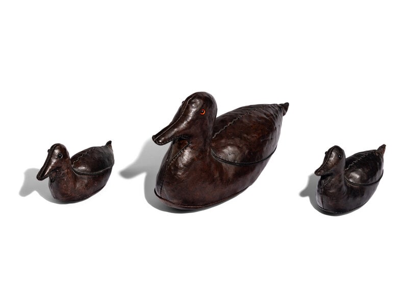 Omersa Second Half 20th Century Three Duck-Form Doorstops : Omersa Second Half 20th Century Three Duck-Form Doorstops leather 'Omersa' tag on underside of one example largest | 13 1/2 w x 8 1/4 h x 5 1/2 d inches. This lot is located in Chicag
