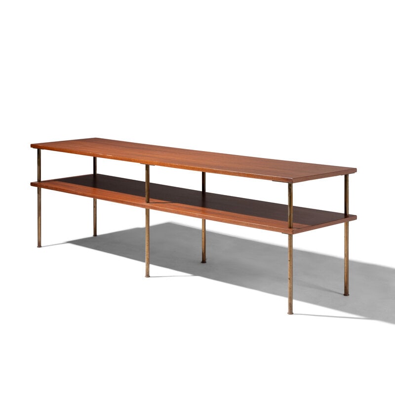 Harvey Probber (American, 1922-2003) Two-Tier Console Table : Harvey Probber (American, 1922-2003) Two-Tier Console Table mahogany, brass 22 1/2 h x 70 1/4 w x 17 3/4 d inches. The Collection of Robert and Judith Rothschild, Northbrook, Illinois This lot