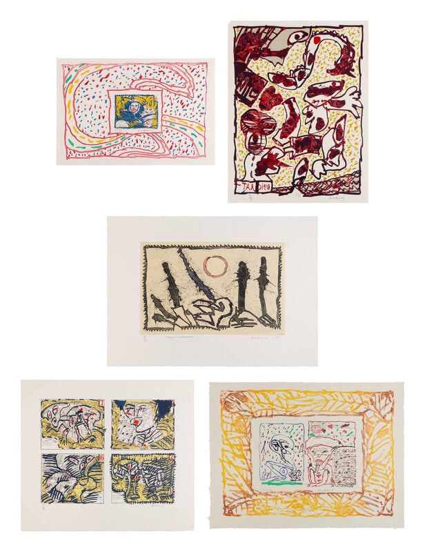 Pierre Alechinsky (Belgian, b. 1927) Tardieu, Dame Taride, Taches d'exclamation, Quatre arrondissem: Pierre Alechinsky (Belgian, b. 1927) Tardieu, Dame Taride, Taches d'exclamation, Quatre arrondissements, and Le Layetier (5 works), ca. 1982-1990 each signed and numbered in pencil Largest s