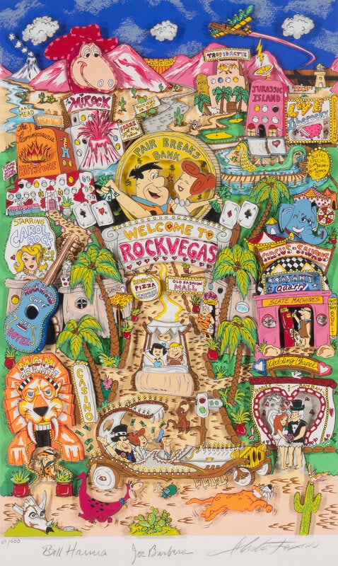 Charles Fazzino (American, b. 1955) Rock Vegas: Charles Fazzino (American, b. 1955) Rock Vegas mixed media 3-D print signed by the artist, Bill Hanna, and Joe Barbera; numbered 69/400 in pencil 24 1/2 x 15 1/2 inches. This lot is lo