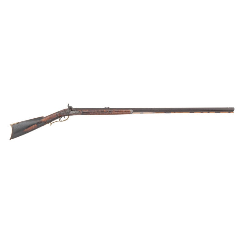 Half Stock Percussion Rifle Marked Madison : Half Stock Percussion Rifle Marked Madison .36 Cal. 39.25" barrel length. SN: NSN. Browned barrel with bright lockplate fading to brown patina overall with brass small parts, half length maple stock,