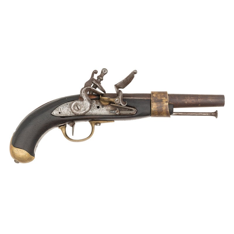 Composite Flintlock Inspired by French Modele 1786 Pistol: Composite Flintlock Inspired by French Modele 1786 Pistol .64 Caliber. 8" barrel length. SN: NSN. Bright metal finish with brass small parts and pan. Single shot flintlock pistol patterned after the F