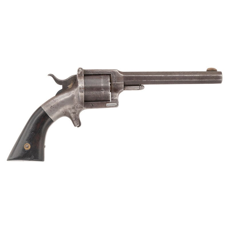 L.W. Pond Belt Revolver with Smith & Wesson Patent Infringement Rollmark: L.W. Pond Belt Revolver with Smith & Wesson Patent Infringement Rollmark American Civil War .32 Rimfire. 5" barrel length. SN: 4723. Blued and casehardened finish with iron frame mounting varnishe
