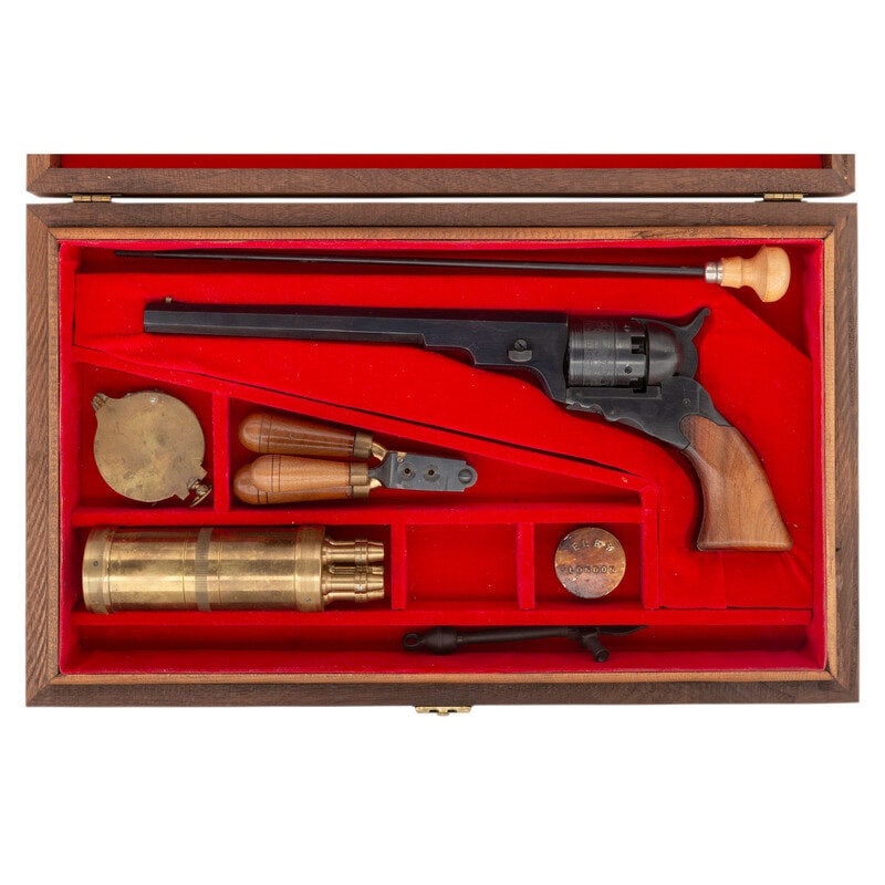 Early Italian Replica Cased Colt Paterson Revolver with Accessories : Early Italian Replica Cased Colt Paterson Revolver with Accessories .36 cal. 9" barrel length. SN:1504. Blued metal finish with wood grip panels. Single action percussion revolver with five-chambered