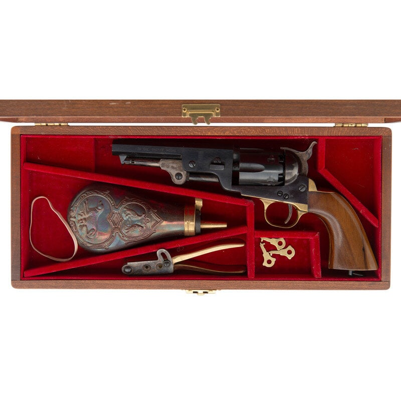Cased Euroarms "Sheriff's Model" .36 Caliber Percussion Revolver with Accessories: Cased Euroarms "Sheriff's Model" .36 Caliber Percussion Revolver with Accessories .36 Cal. 5" barrel length. SN: 15913. Blued metal finish with casehardened hammer and loading lever mounting polished
