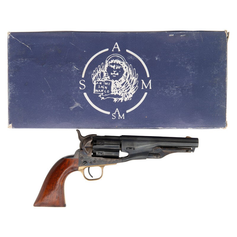 ASM Colt Army Revolver: ASM Colt Army Revolver .44 Cal. 5.5" barrel length. SN: E39396. Blued and casehardened finish with brass forward gripstrap mounting varnished walnut one piece grips. Single action six-shot percussion