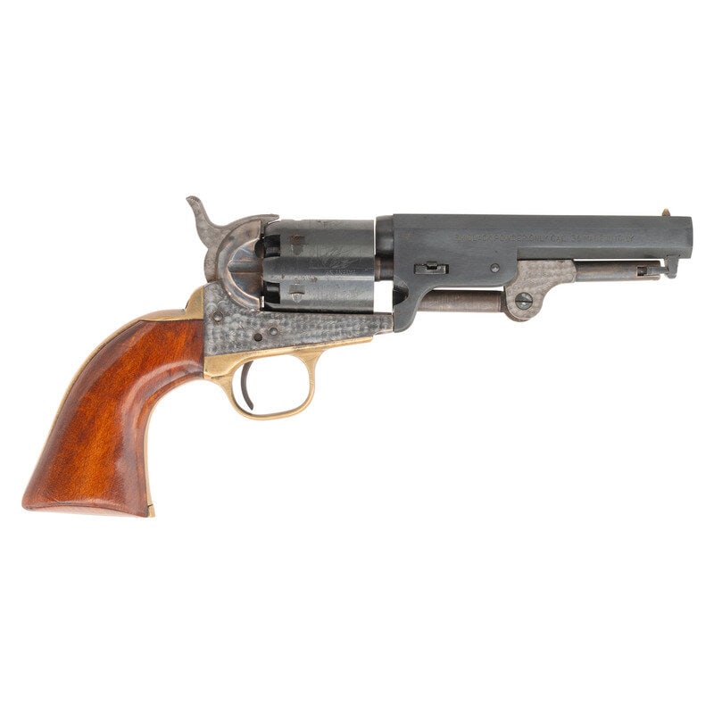 Italian Replica Colt Navy Percussion Revolver with 5" Barrel: Italian Replica Colt Navy Percussion Revolver with 5" Barrel .36 Cal. 5" barrel length. SN: E24345. Blued and casehardened finish with brass gripstraps, one piece varnished walnut grips, and jeweling