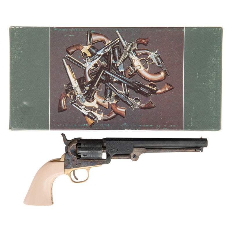 Replica Engraved Colt M1851 Navy Percussion Revolver in Box by Armi San Marco: Replica Engraved Colt M1851 Navy Percussion Revolver in Box by Armi San Marco .36 Cal. 7.5" barrel length. SN: D64991. Blued and casehardened finish with brass gripstraps, engraved barrel and frame, a