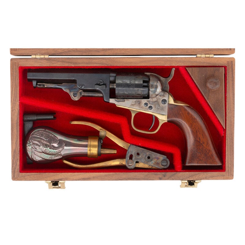 Cased Replica Colt Pocket Percussion Revolver with Accessories: Cased Replica Colt Pocket Percussion Revolver with Accessories .31 caliber. 4" octagonal barrel. SN: A39102. Blued and color casehardened finish, brass backstrap and triggerguard, one-piece smooth har