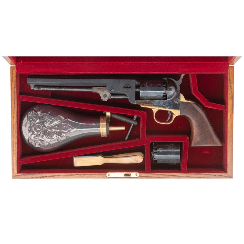Cased Replica Colt 1851 Navy Percussion Revolver by Pietta with Accessories & Spare Cylinder: Cased Replica Colt 1851 Navy Percussion Revolver by Pietta with Accessories & Spare Cylinder .36 caliber. 7.5" octagonal barrel. SN: 555957. Blued and color casehardened finish, brass backstrap an
