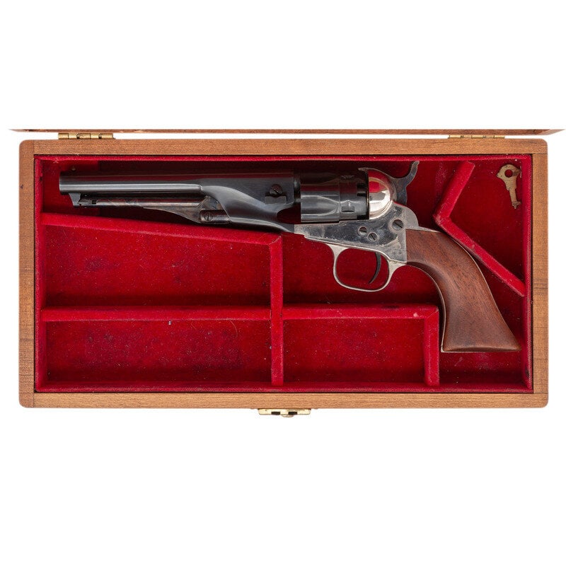 Armi San Marco Model 1862 Police Revolver with Case: Armi San Marco Model 1862 Police Revolver with Case .36 caliber. 5.5" barrel. SN: A47988. Blued and color casehardened finish, plated brass backstrap and triggerguard, one-piece smooth hardwood grip.