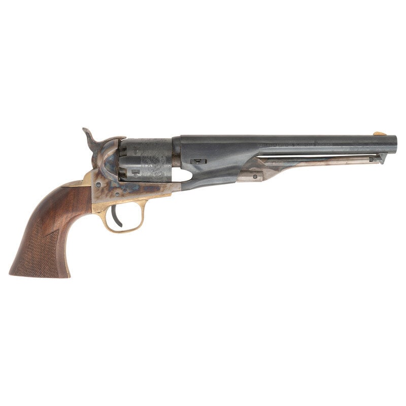 Richland Arms Co. Model 1861 Navy Revolver: Richland Arms Co. Model 1861 Navy Revolver .36 Cal. 7.5" barrel length. SN: 68139. Casehardened finish with blued barrel and cylinder featuring brass gripstraps and checkered one piece walnut grips. S