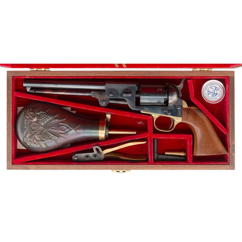 Uberti Replica Leech & Rigdon Revolver in Case: Uberti Replica Leech & Rigdon Revolver in Case .36 Cal. 7.5" barrel length. SN: 40. Blued and casehardened metal finish with brass gripstraps, octagonal to round barrel, and one piece walnut grips
