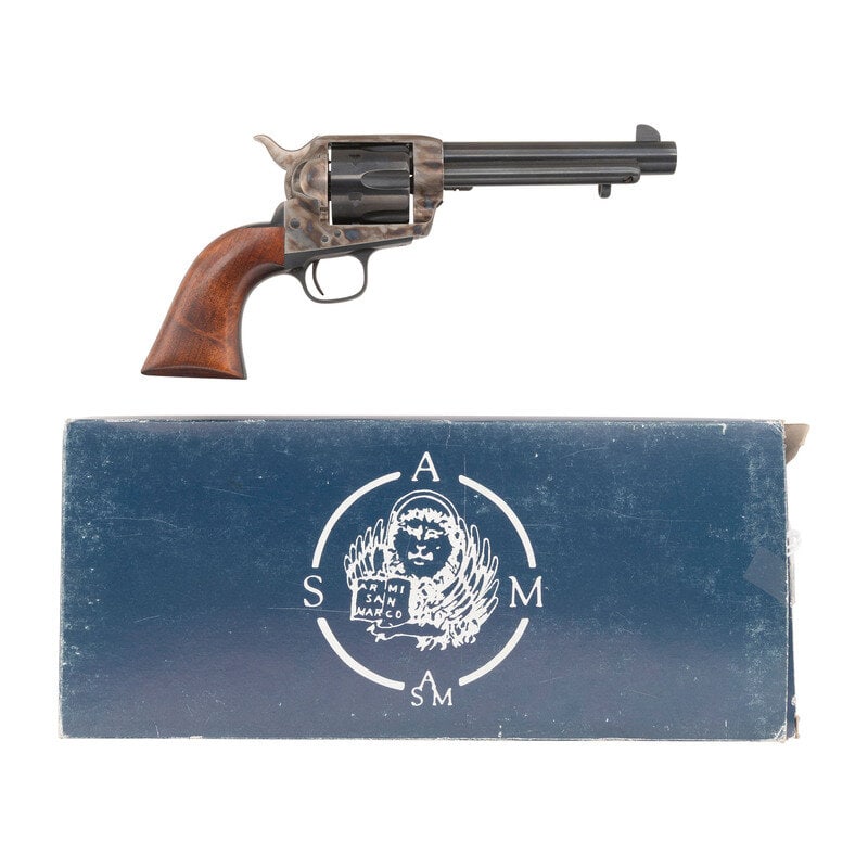 *Armi San Marco Replica Colt Single Action Army Artillery Revolver in Box: *Armi San Marco Replica Colt Single Action Army Artillery Revolver in Box .45 Colt. 5.5" barrel length. SN: SA3197. Blued and casehardened metal finish with walnut grips and mounting fixed front blade