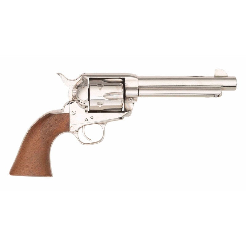 *Armi San Marco Traditions Nickel SAA .45 in Box: *Armi San Marco Traditions Nickel SAA .45 in Box .45 Colt. 5.5" barrel length. SN: SA28440. Nickel plated finish overall with one piece walnut grips featuring fixed front blade and topstrap rear notch
