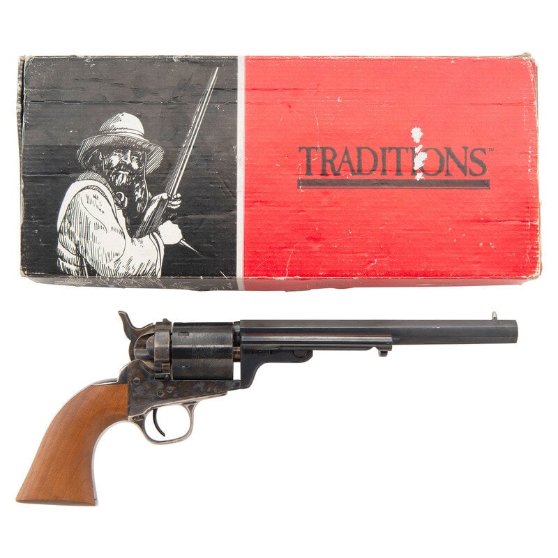 *Traditions Replica Colt 1851 Navy Richards Conversion Revolver in Box: *Traditions Replica Colt 1851 Navy Richards Conversion Revolver in Box .38 Special. 7.5" barrel length. SN: 5696. Blued and casehardened metal finish with silver plated gripstraps and one piece walnut